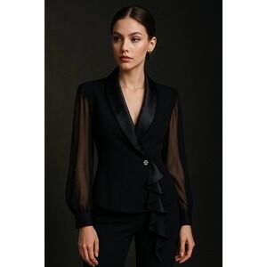 Vintage Another Thyme Black Satin Ruffle M** Blouse Sheer Sleeves Evening Top